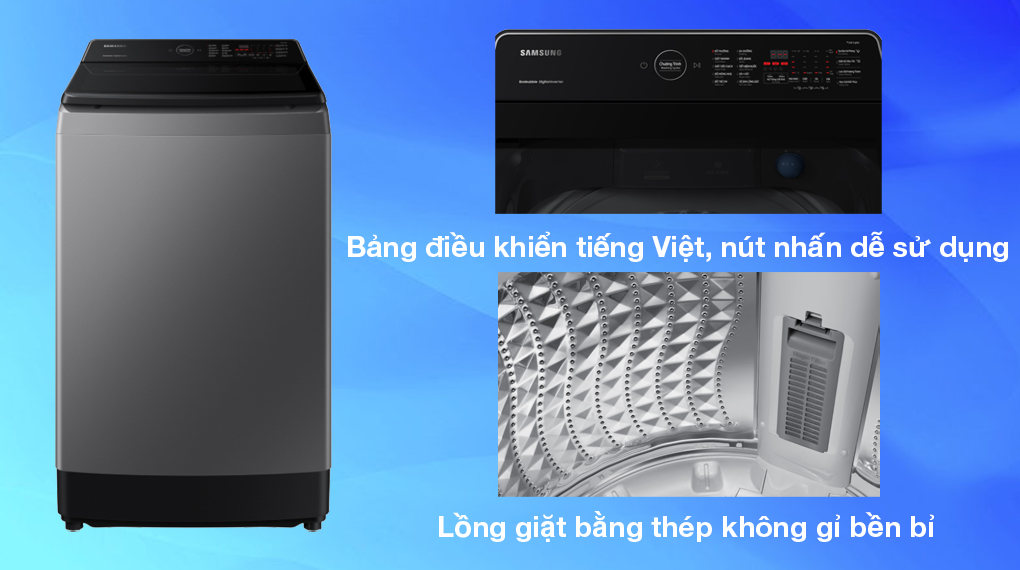 Máy giặt Samsung Inverter 10.5 kg WA10CG5745BDSV - Kiểu lồng giặt đứng, trang bị bảng điều khiển ngôn ngữ tiếng Việt bằng nút nhấn và lồng giặt bằng thép không gỉ bền bỉ Máy giặt Samsung Inverter 10.5 kg WA10CG5745BDSV - Kiểu lồng giặt đứng, trang bị bảng điều khiển ngôn ngữ tiếng Việt bằng nút nhấn và lồng giặt bằng thép không gỉ bền bỉ
