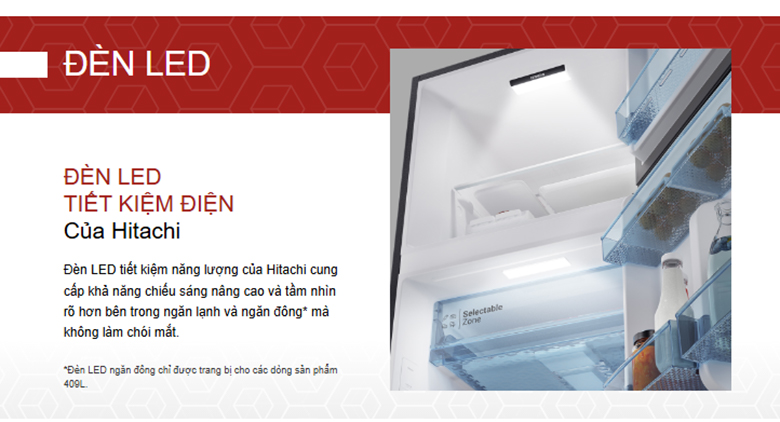 Tủ lạnh Hitachi Inverter 344 lít HRTN6379SUVN - Đèn LED tiết kiệm năng lượng