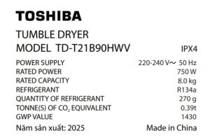 Máy sấy bơm nhiệt Toshiba 8 kg TD-T21B90HWV(MG)