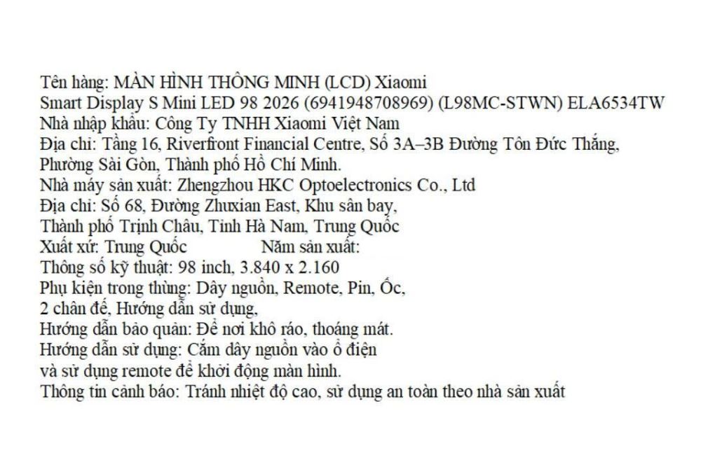 Màn hình thông minh Xiaomi 4K 98 inch Smart Display S L98MC-STWN Màn hình thông minh Xiaomi 4K 98 inch Smart Display S L98MC-STWN