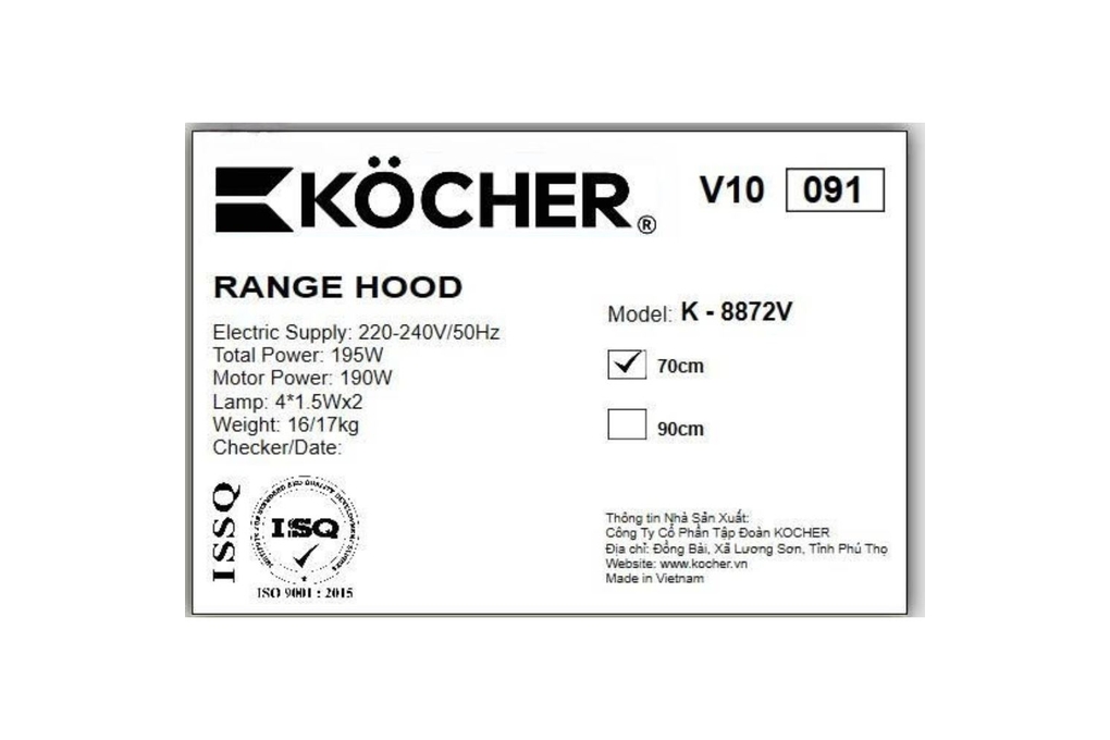 Máy hút mùi kính cong Kocher K-8872V Máy hút mùi kính cong Kocher K-8872V