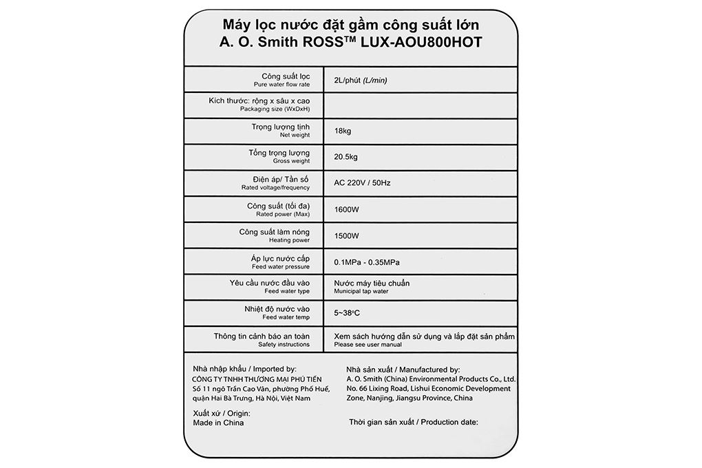 Máy lọc nước RO nóng nguội AOSmith 2 lõi LUX-AOU800HOT Máy lọc nước RO nóng nguội AOSmith 2 lõi LUX-AOU800HOT