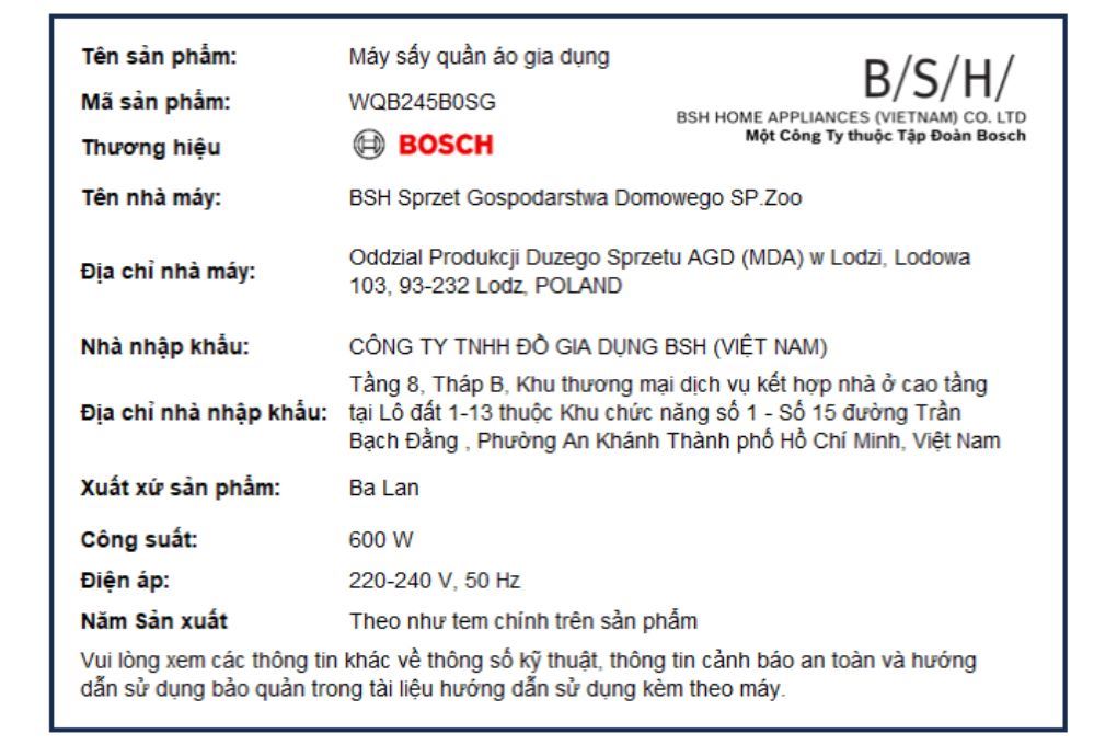 Máy sấy bơm nhiệt Bosch 9 kg WQB245B0SG Máy sấy bơm nhiệt Bosch 9 kg WQB245B0SG