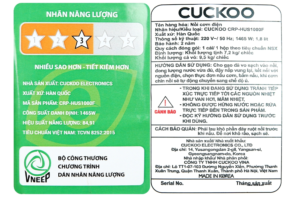 Nồi cơm áp suất cao tần Cuckoo 1.8 lít CRP-HUS1000F Nồi cơm áp suất cao tần Cuckoo 1.8 lít CRP-HUS1000F