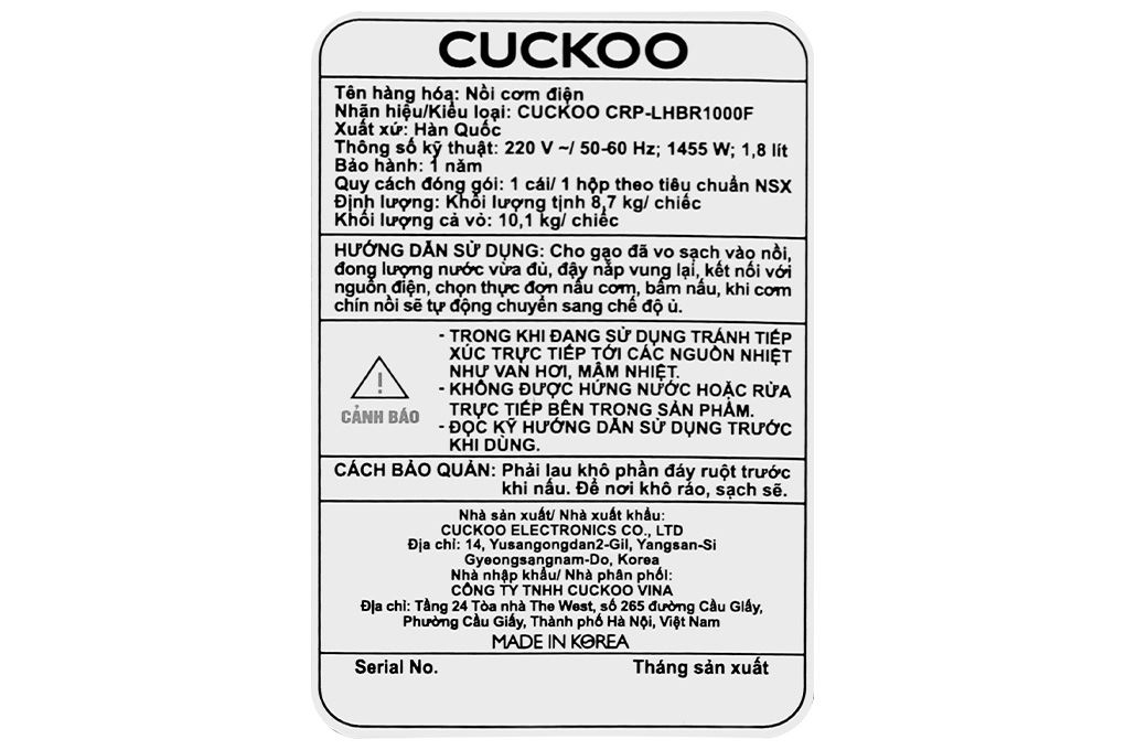Nồi cơm áp suất cao tần Cuckoo 1.8 lít CRP-LHBR1000F Nồi cơm áp suất cao tần Cuckoo 1.8 lít CRP-LHBR1000F