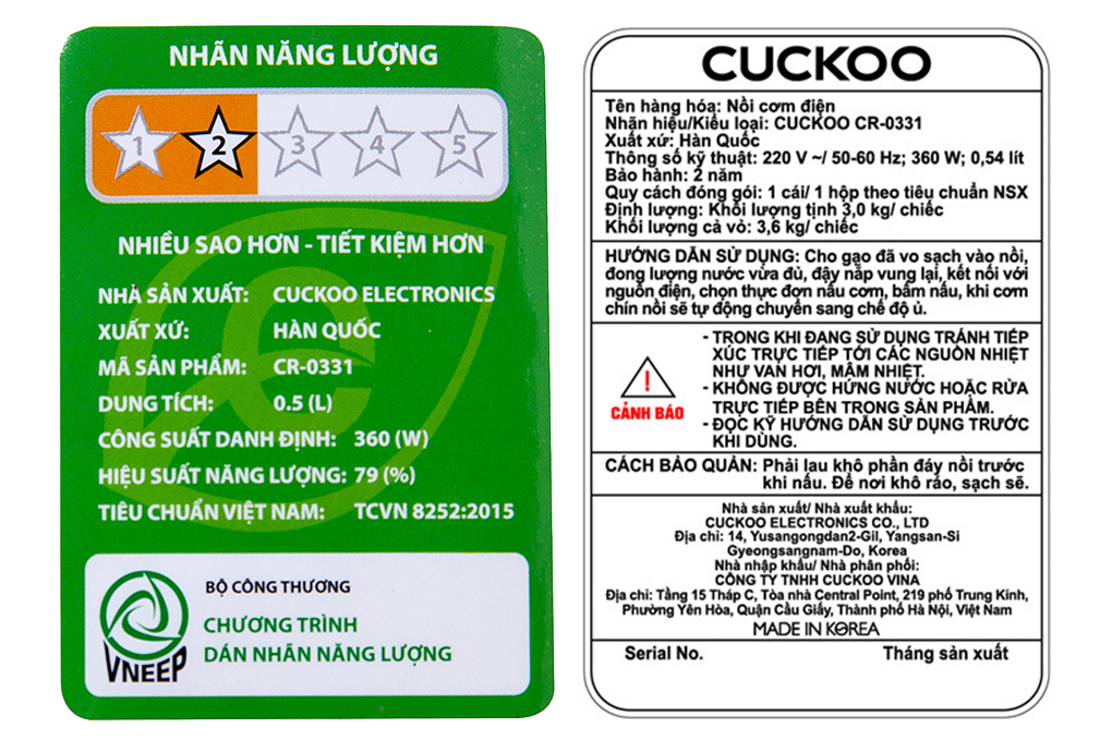 Nồi cơm nắp gài Cuckoo 0.5 lít CR-0331 Nồi cơm nắp gài Cuckoo 0.5 lít CR-0331