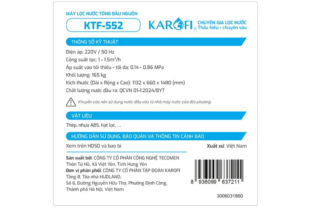 Máy lọc tổng đầu nguồn Karofi KTF-552 Máy lọc tổng đầu nguồn Karofi KTF-552