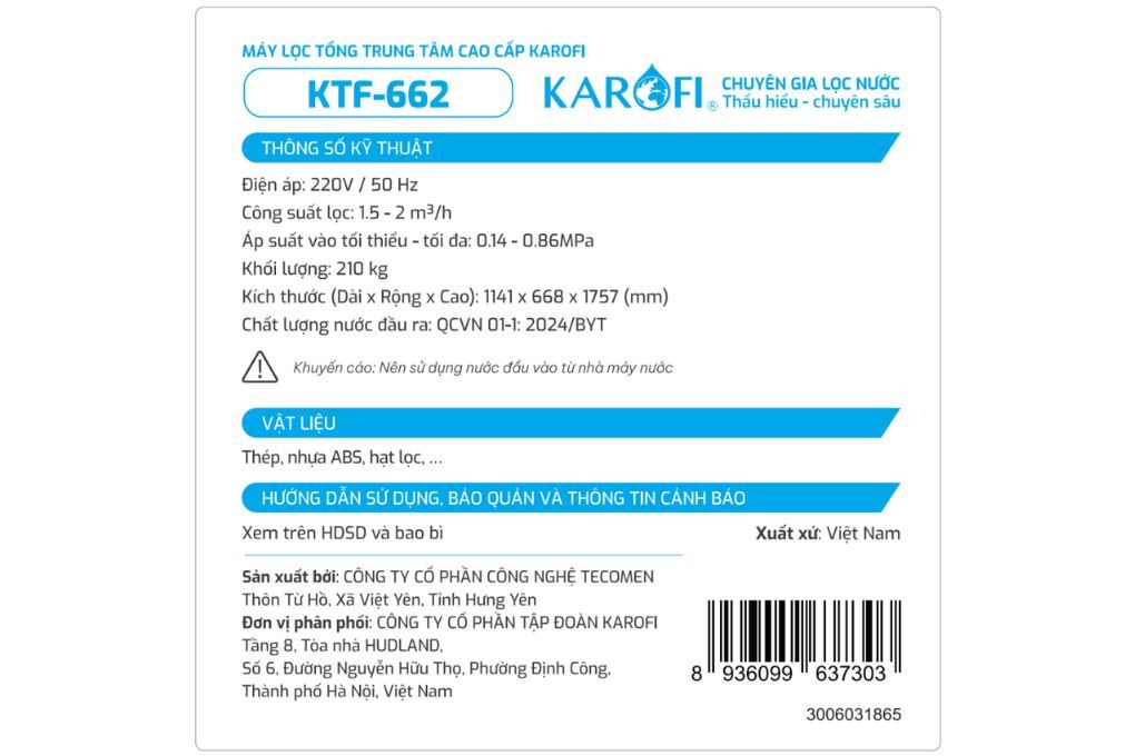 Máy lọc tổng đầu nguồn Karofi KTF-662 Máy lọc tổng đầu nguồn Karofi KTF-662