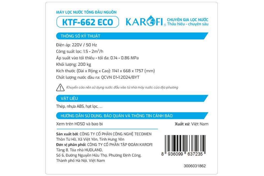 Máy lọc tổng đầu nguồn Karofi KTF-662 ECO Máy lọc tổng đầu nguồn Karofi KTF-662 ECO