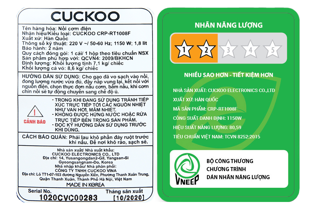 Nồi cơm điện tử áp suất Cuckoo 1.8 lít CRP-RT1008F Nồi cơm điện tử áp suất Cuckoo 1.8 lít CRP-RT1008F