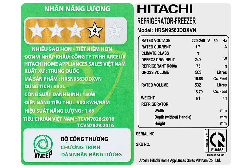 Tủ lạnh Hitachi Inverter 532 lít Side By Side HRSN9563DDXVN Tủ lạnh Hitachi Inverter 532 lít Side By Side HRSN9563DDXVN