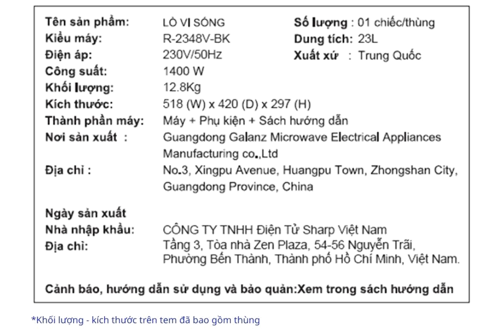 Lò vi sóng Sharp R-2348V-BK 23 lít Lò vi sóng Sharp R-2348V-BK 23 lít
