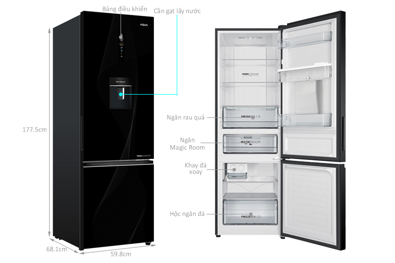 kích thước Tủ lạnh Aqua Inverter AQR-B380MA(WGP)U1