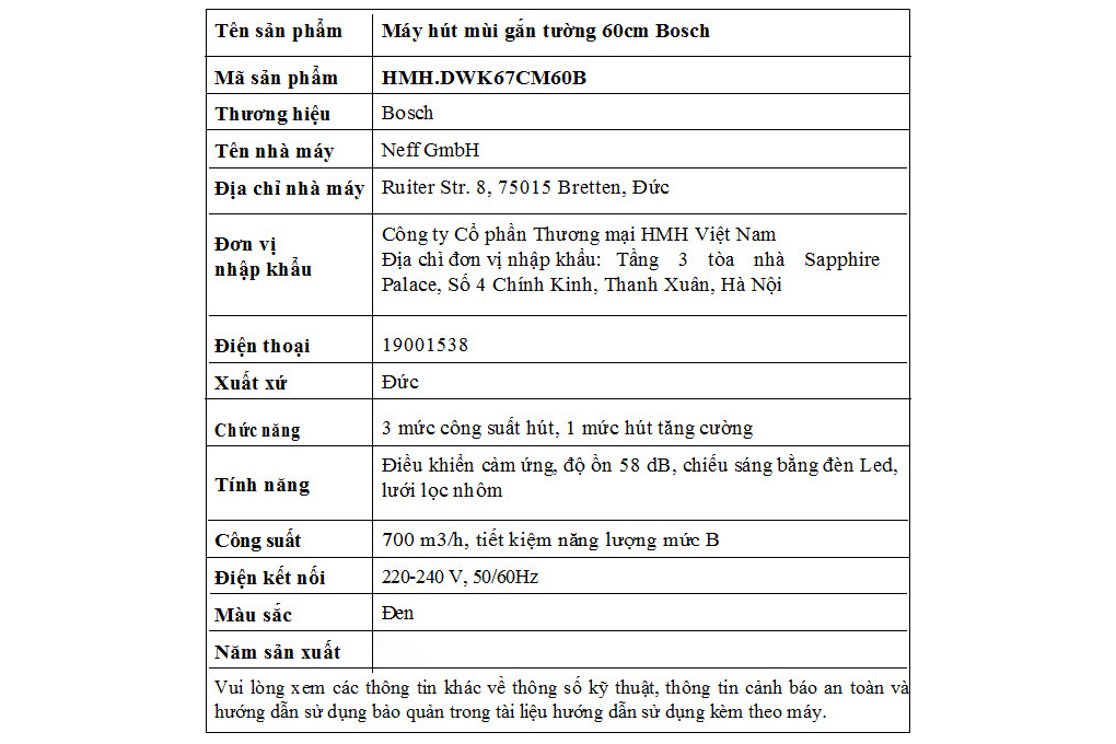 Xuất xứ - Máy hút mùi kính vát Bosch DWK67CM60B